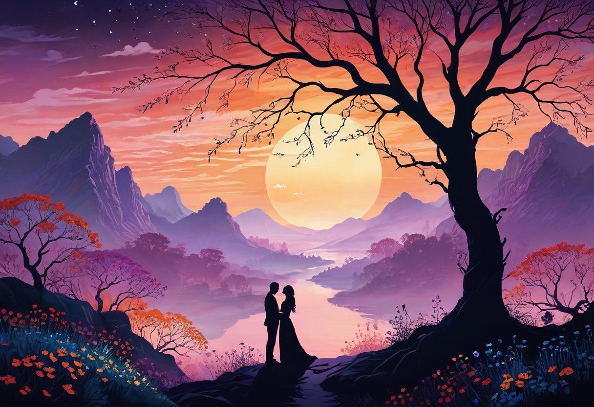 A surreal illustration of a dreamy landscape featuring intertwined vines and flowers symbolizing intimacy, with silhouettes of diverse couples engaging in intimate moments under a starlit sky. Soft, warm colors evoke a sense of warmth and connection, while ethereal wisps of mist float around them. This scene captures the essence of exploration in intimacy and sexuality. vibrant colors. surrealistic. dreamy atmosphere.