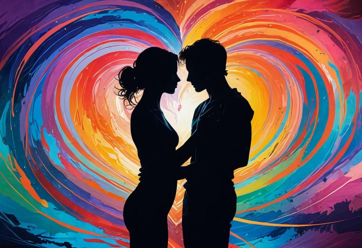 A visually captivating depiction of two silhouettes intertwined amidst a swirling spectrum of colors representing various emotions and fantasies. The background showcases abstract representations of intimacy, like intertwined hands and soft glowing hearts, creating an inviting yet mysterious atmosphere. Soft lighting enhances the warmth and depth of the scene, suggesting connection and exploration. ethereal ambiance. vibrant colors. abstract art.