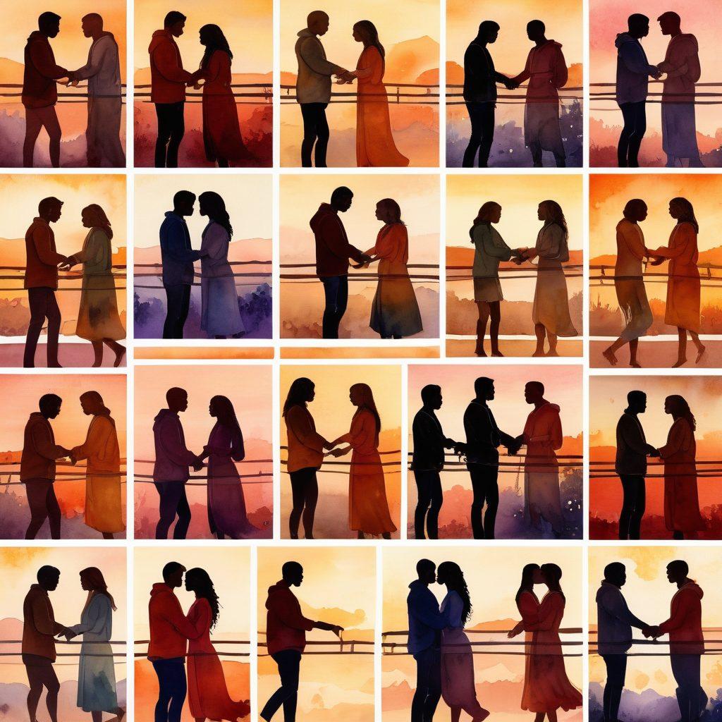 A collage depicting the evolution of adult relationships, starting from casual encounters to deep, committed love. Include vibrant silhouettes of diverse couples laughing, holding hands, and sharing intimate moments in various backgrounds depicting different stages: casual outings, cozy home settings, and romantic getaways. The colors should be warm and inviting, symbolizing the journey of love and connection. soft watercolor style. vibrant colors.